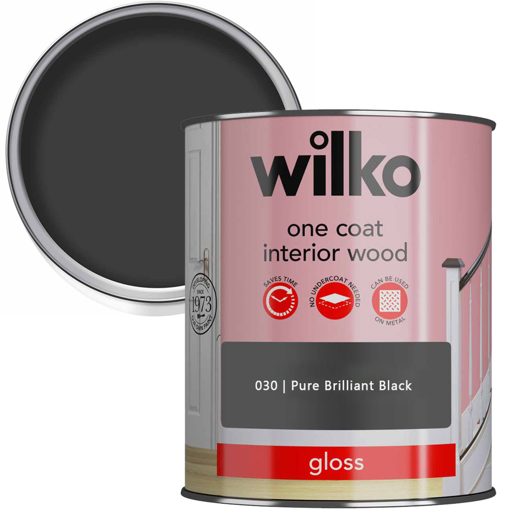 Wilko One Coat Interior Wood Pure Brilliant Black Gloss Paint 750ml Image 1