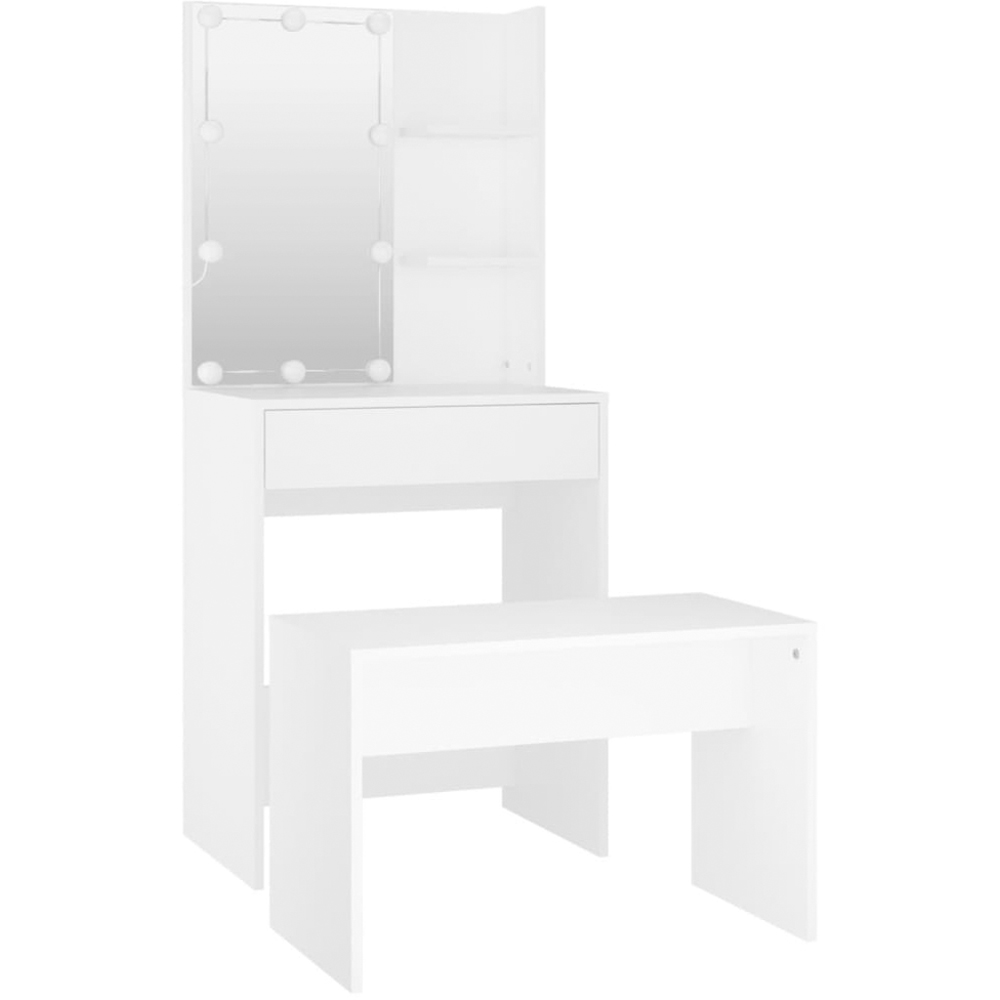 vidaXL White Wooden Dressing Table and Stool Set with LED Mirror Image 5