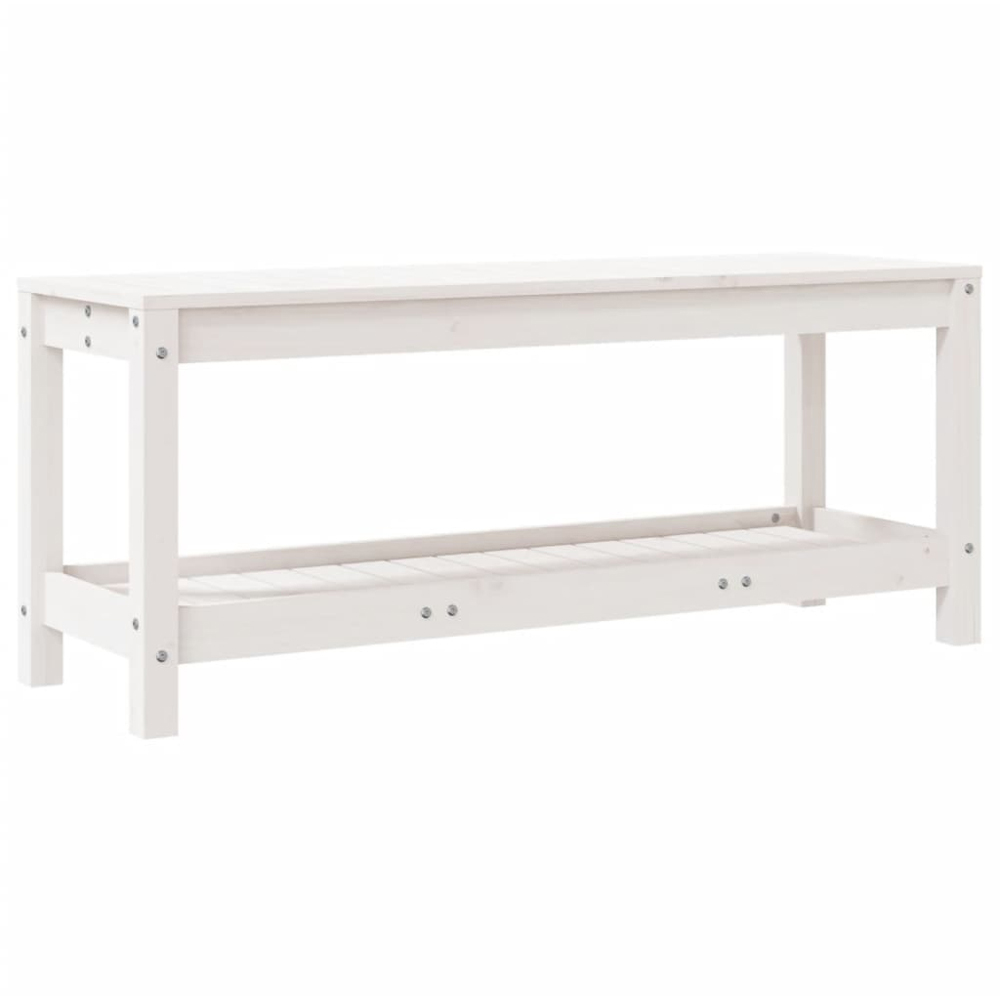 vidaXL White Solid Pine Wood Slatted Garden Bench with Shelf 108 x 35 x 45cm Image 2