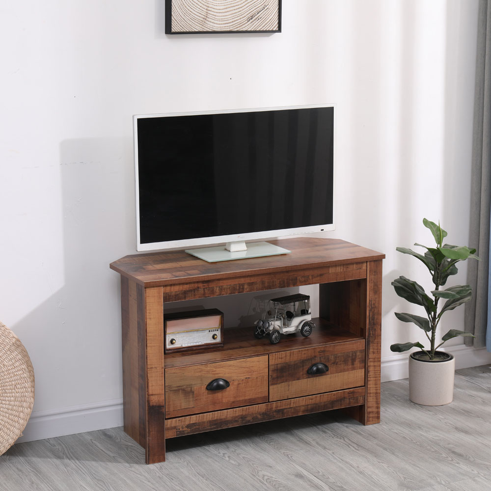 FurnitureHMD 2 Drawer Single Shelf Industrial Style Wooden Corner TV Unit Image 9