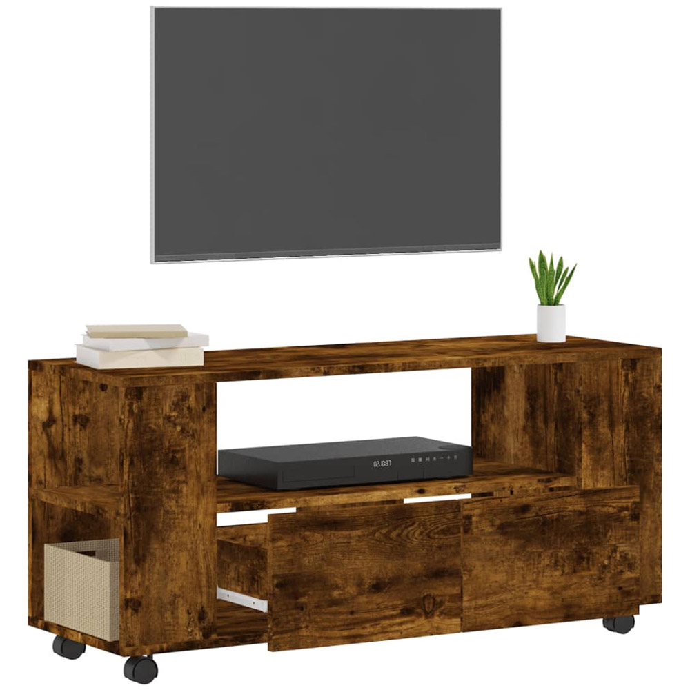 vidaXL 2 Drawer Single Open Shelf Smoked Oak TV Cabinet with Wheels Image 4