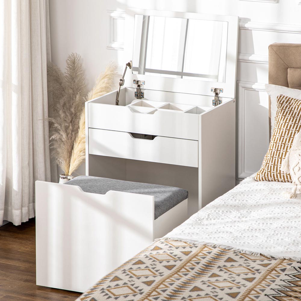 Portland 2 Drawer White Dressing Table Set with Mirror Image 1
