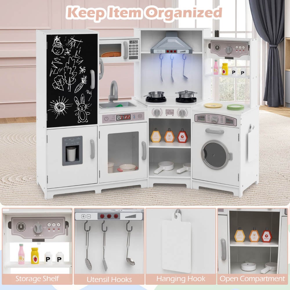 Costway Kids White Wooden Corner Kitchen Playset with Lights and Sounds Image 5