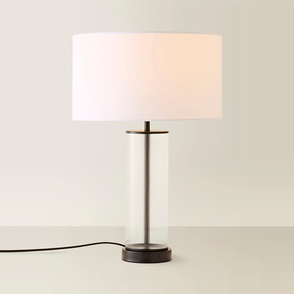 ValueLights Calin White Drum Shade Matte Black Ribbed Glass Table Lamp with Bulb Image 3