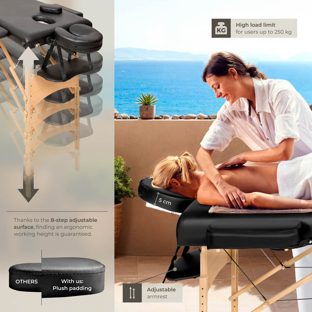Massage Table Freddi - 2-zone bed, foldable, with carry bag, head and armrests - Black Image 8