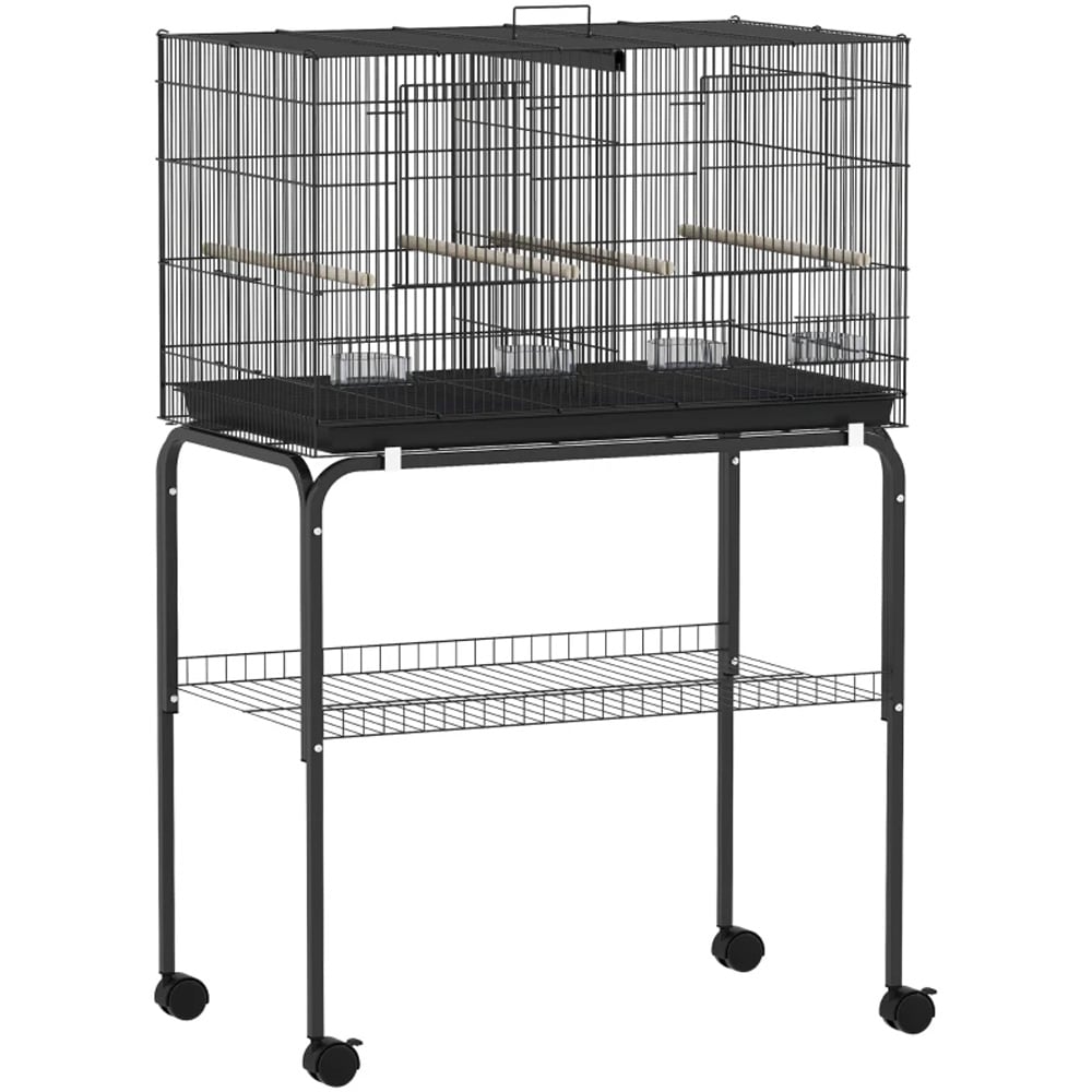 PawHut Black 4 Wooden Perches Bird Cage with Divider and Tray Image 1