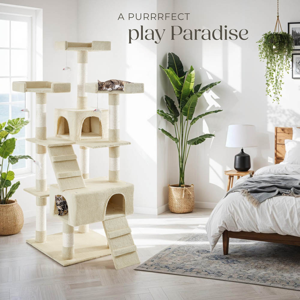 tectake Barney Beige Cat Tree with Scratching Posts 170cm Image 8