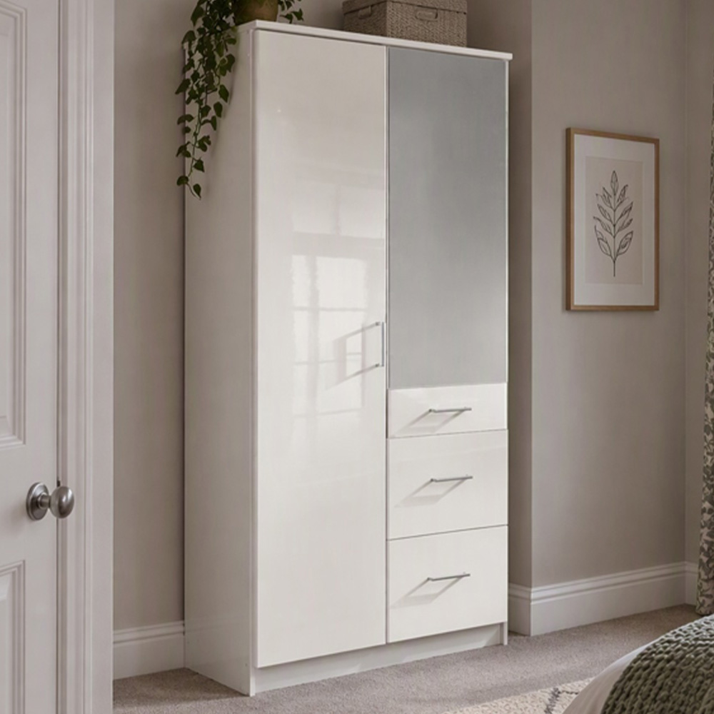 TJ'S Duo 2 Door 3 Drawer White Mirrored Wardrobe Image 1