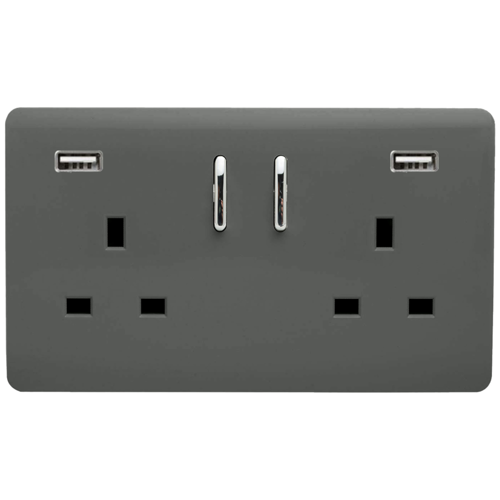 Trendi Switch 2 Gang 13amp 2 Port USB Charcoal Switched Plug Socket Image 1