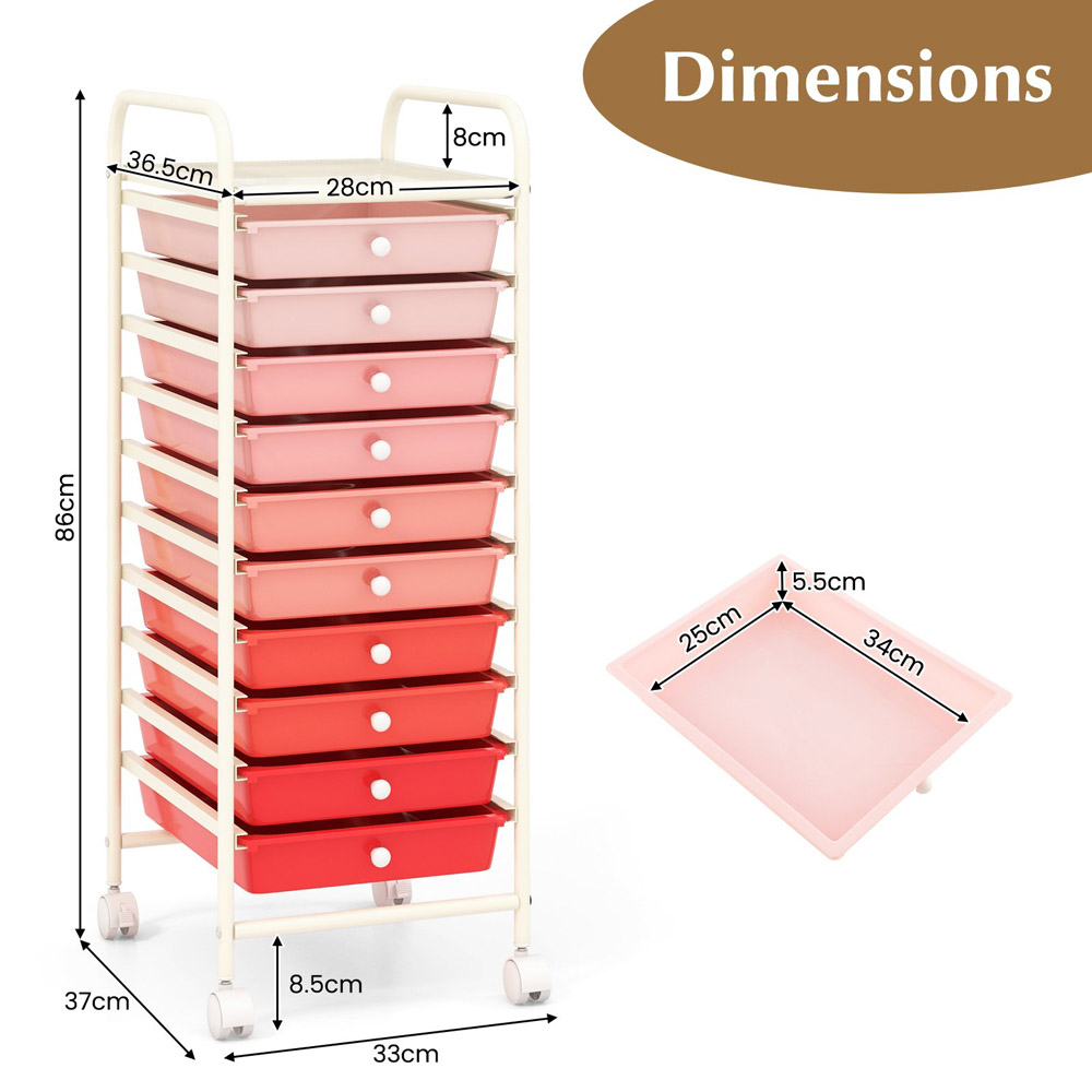 Costway 10 Drawer Pink Mobile Storage Trolley Image 9