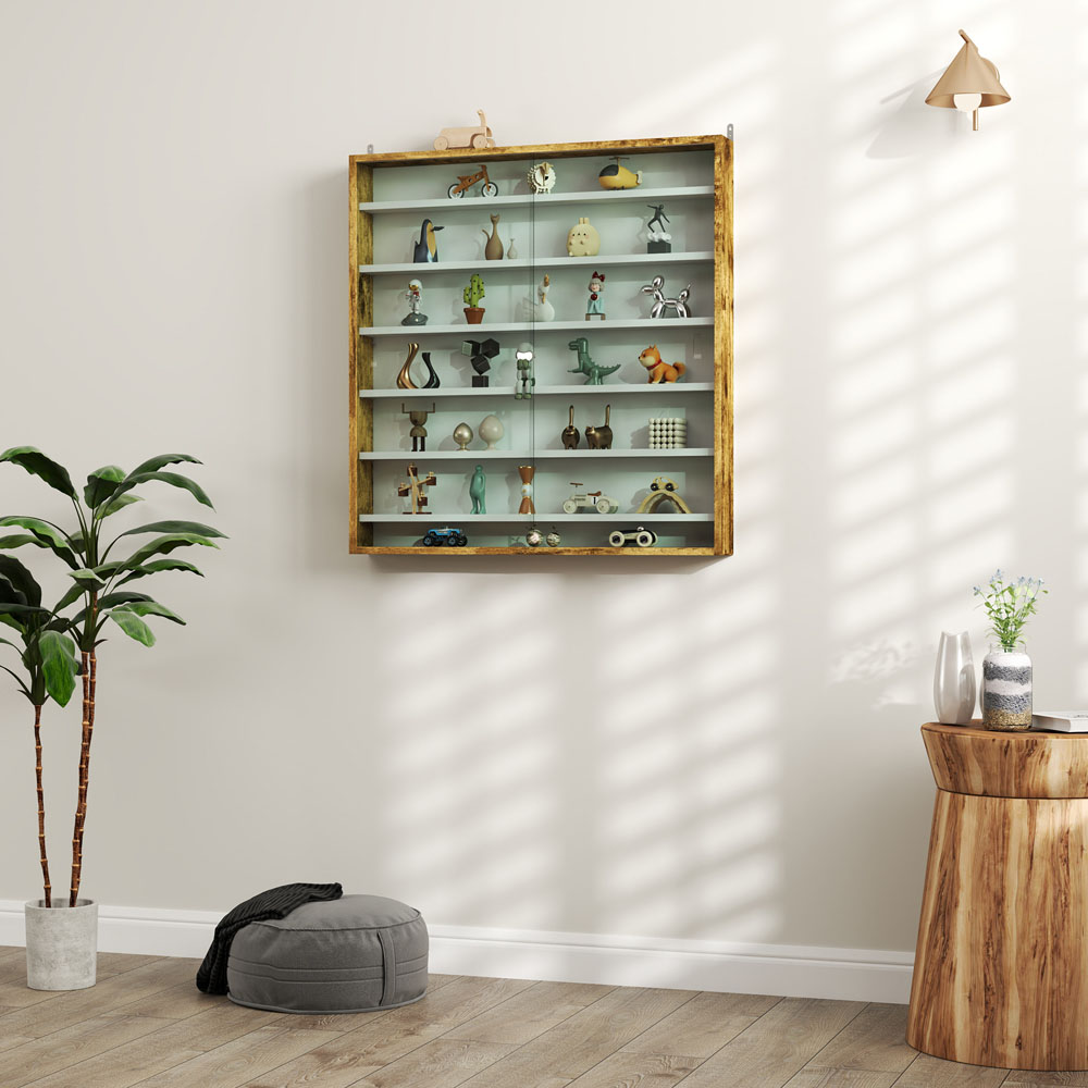HOMCOM 7-Tier Glass Doors Oak Wall Display Cabinet Image 4