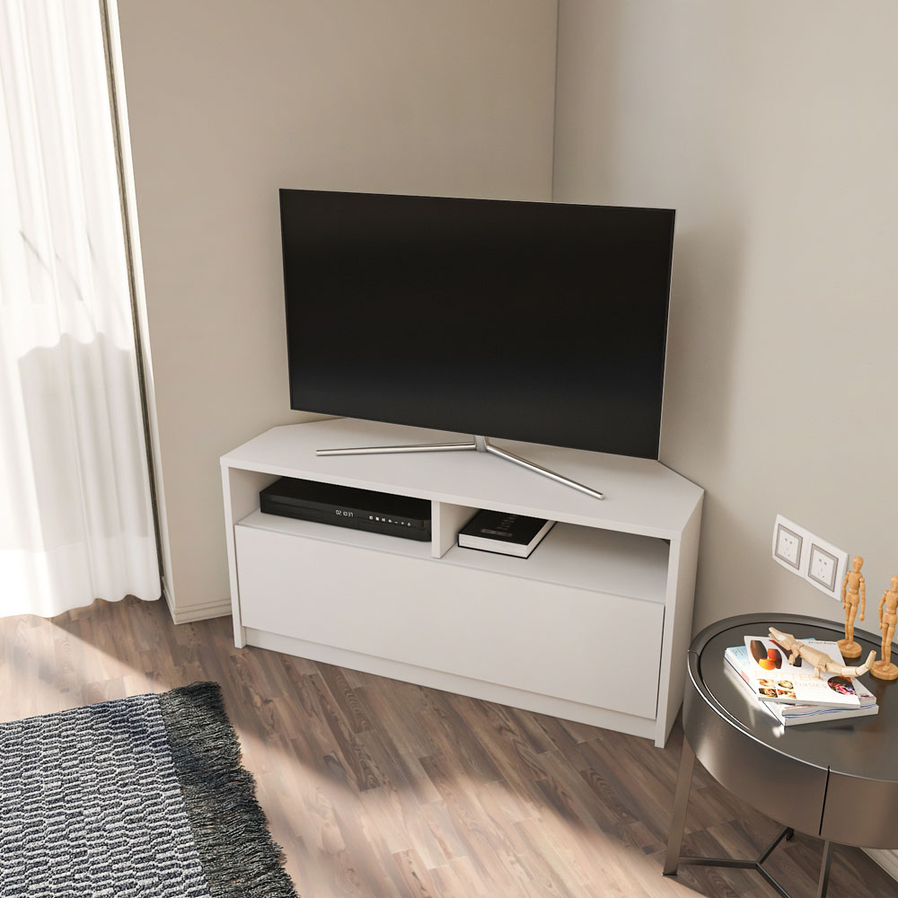 Decorotika Comero Single Door 2 Shelf White Corner TV Unit Image 6