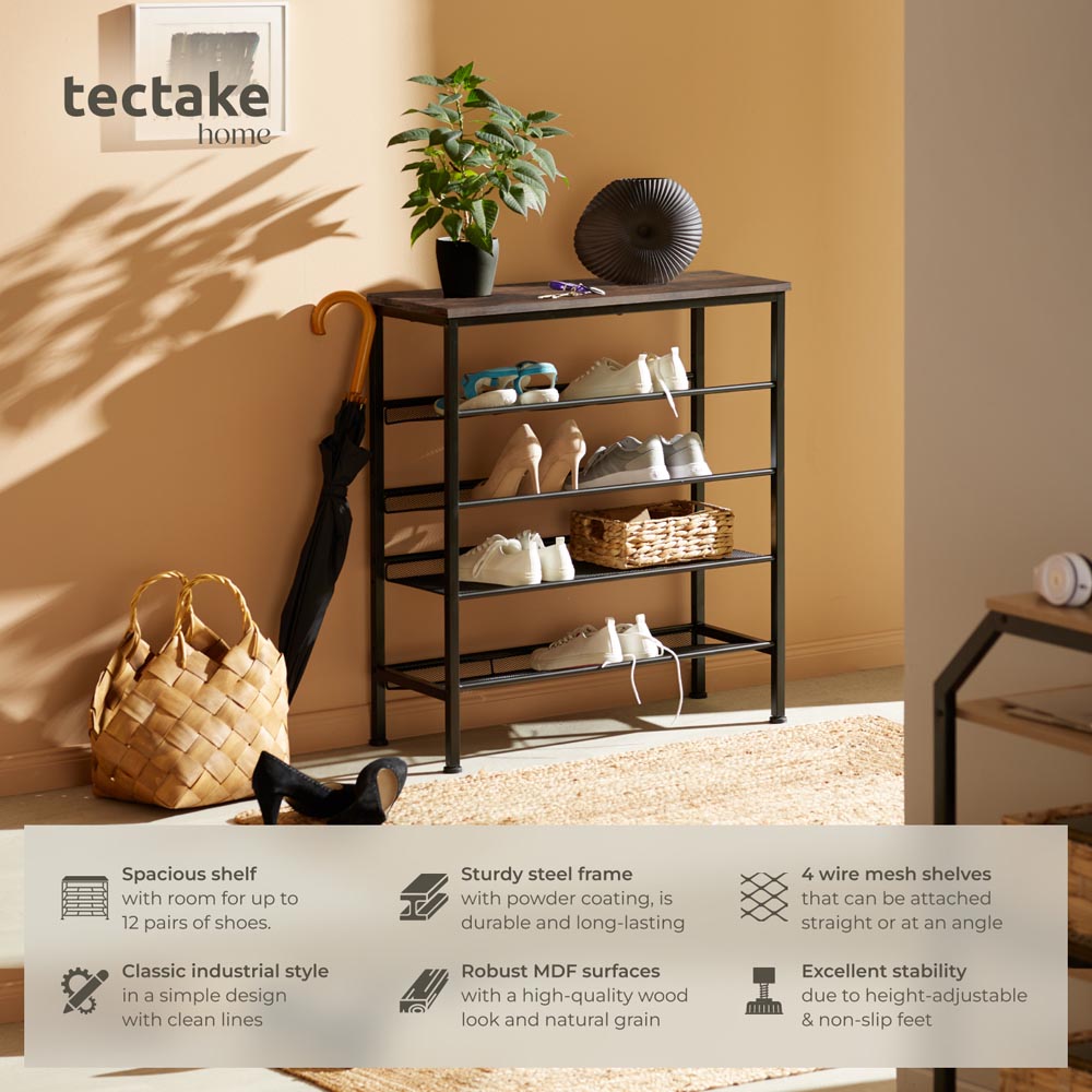 tectake Bournemouth 4 Grid Shelf Dark Wood Shoe Rack Image 2