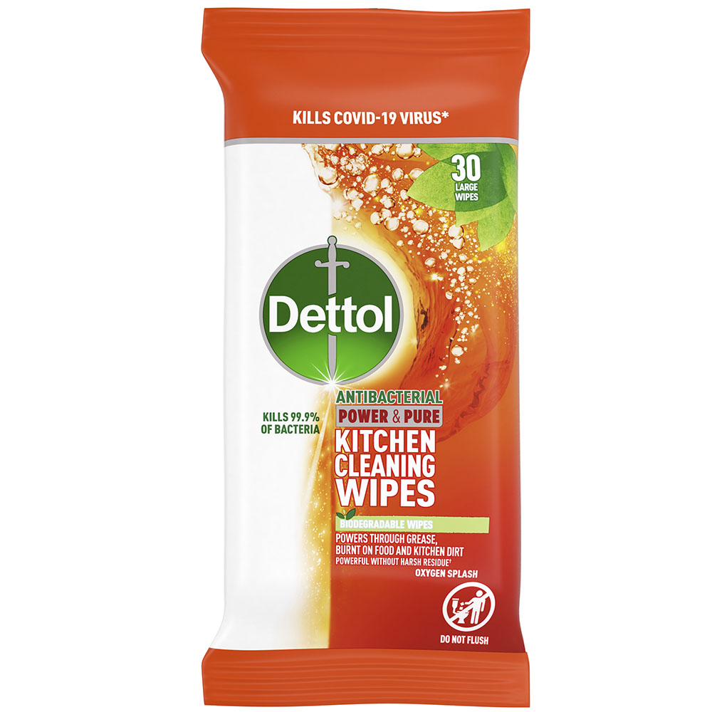 Dettol Power & Pure Antibacterial Biodegradable Kitchen Cleaning Wipes 30 Pack Image 1