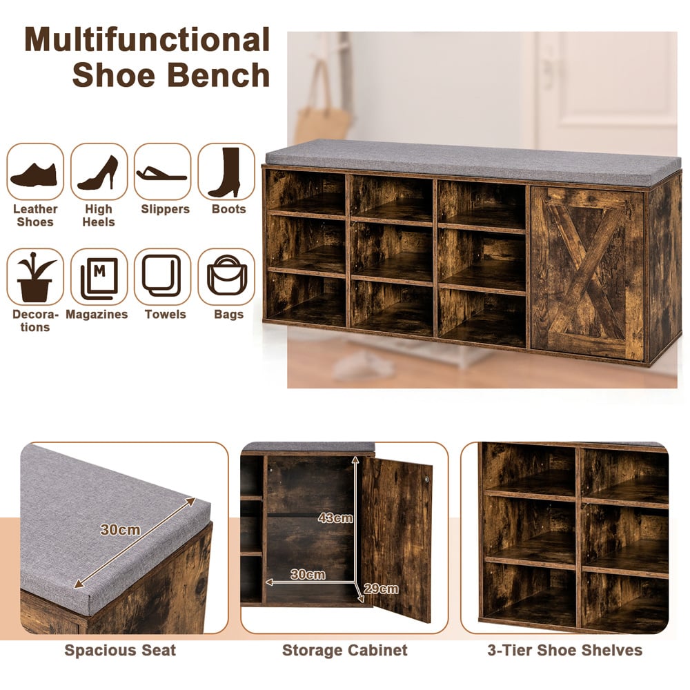 Costway 9 Cube Rustic Brown Shoe Storage Bench with Padded Cushion Image 7