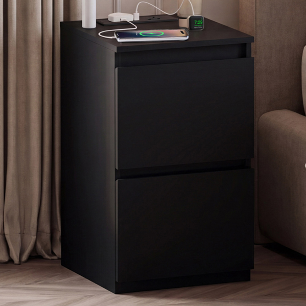 VIDA DESIGNS Denver 2 Drawer Black Bedside Chest with Power Outlet Image 1