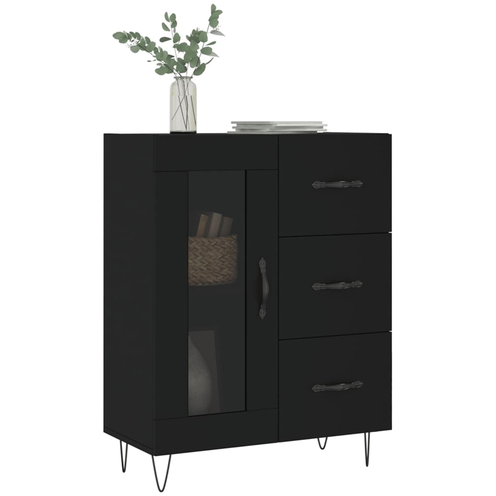 vidaXL Single Glass Door 3 Drawer 2 Shelf Black Wooden Sideboard Image 3