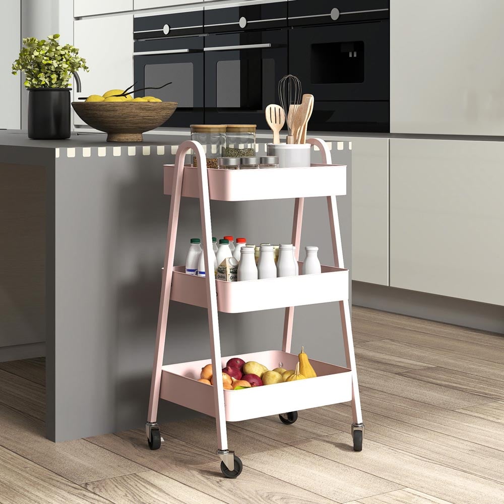 HOMCOM 3-Tier Pink Kitchen Storage Trolley Image 2