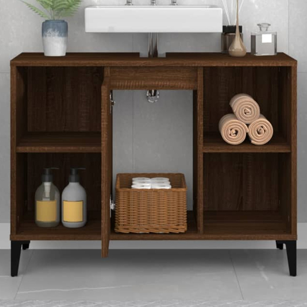 vidaXL Single Door 4 Shelf Brown Oak Wood Washbasin Cabinet Image 1