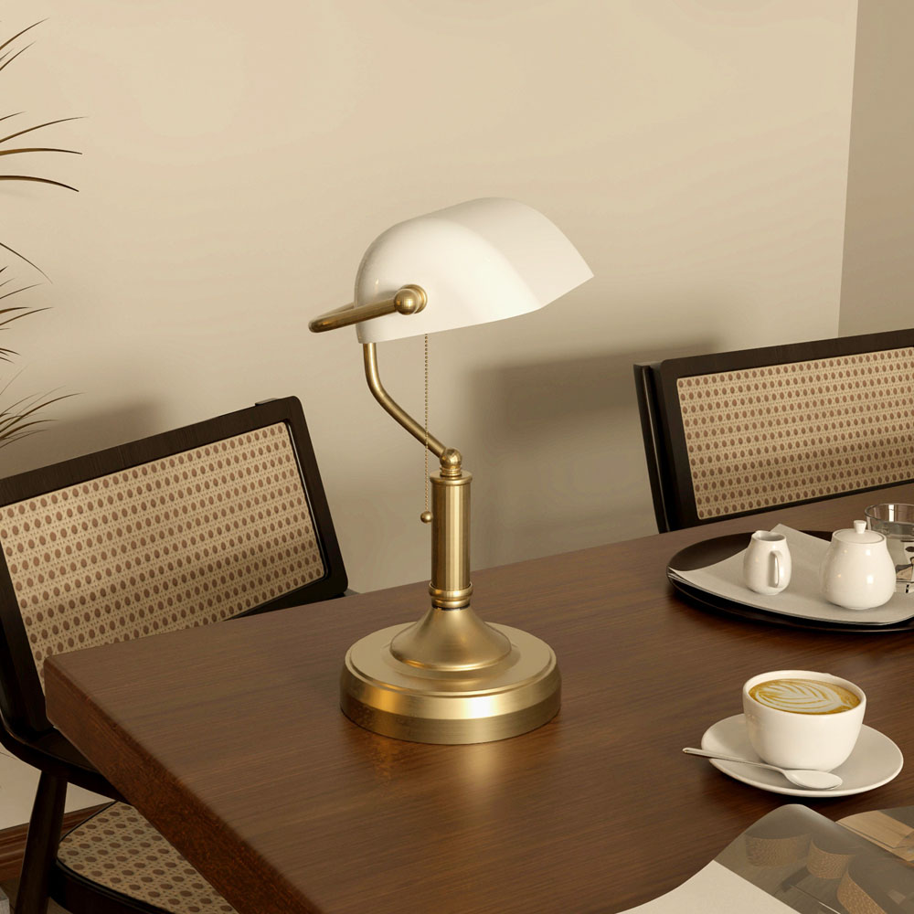 Portland White and Antique Bronze Banker's Table Lamp Image 5