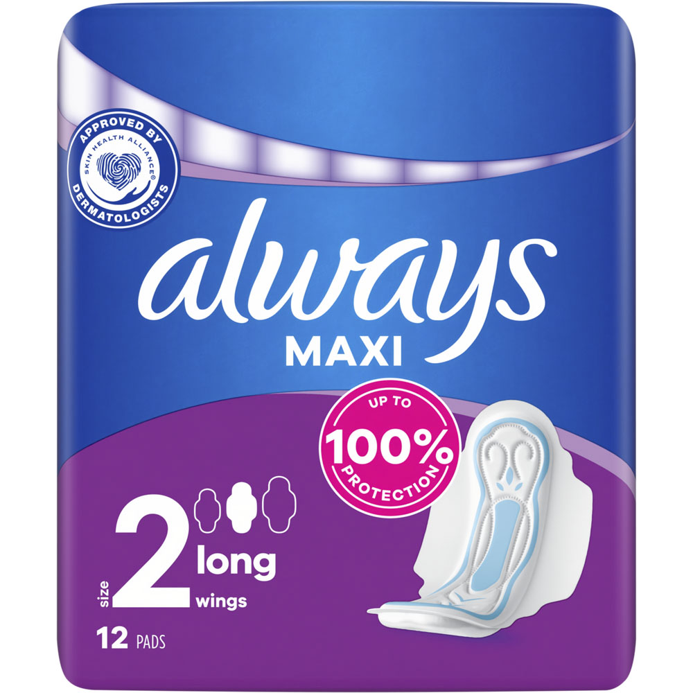 Always Maxi Sanitary Towels with Wings Size 2 Long 12 Pack Image 1