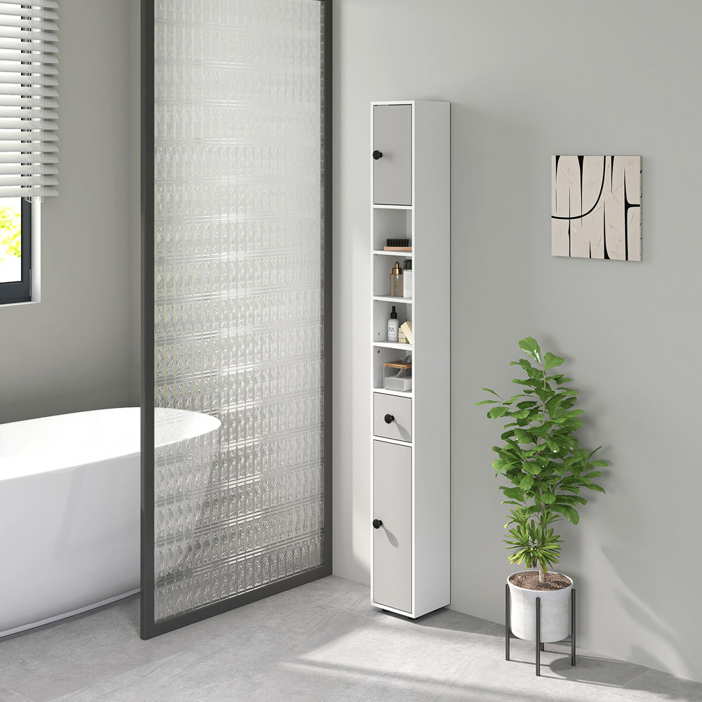 Kleankin 2 Door 4 Shelf Single Drawer Light Grey Slim Bathroom Storage Cabinet Image 8