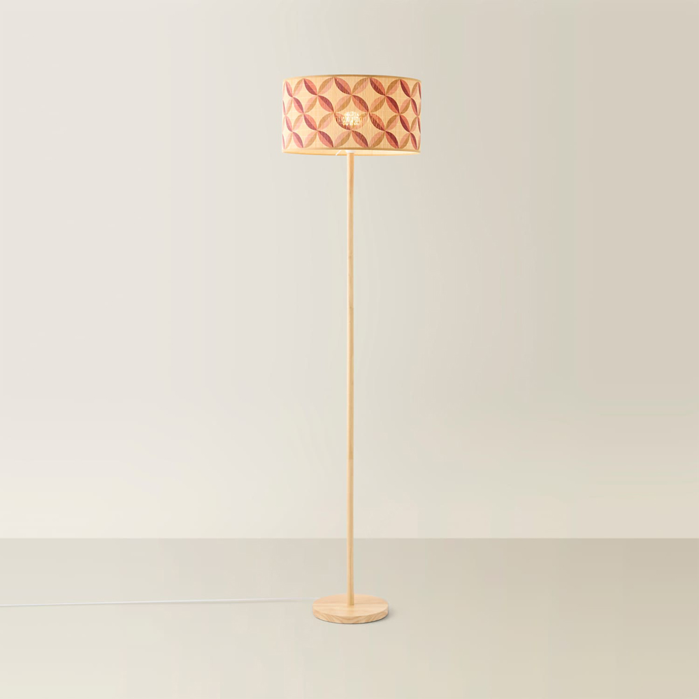 ValueLights Heather Geo Print Bamboo Drum Shade Light Wood Stem Floor Lamp with Bulb Image 3