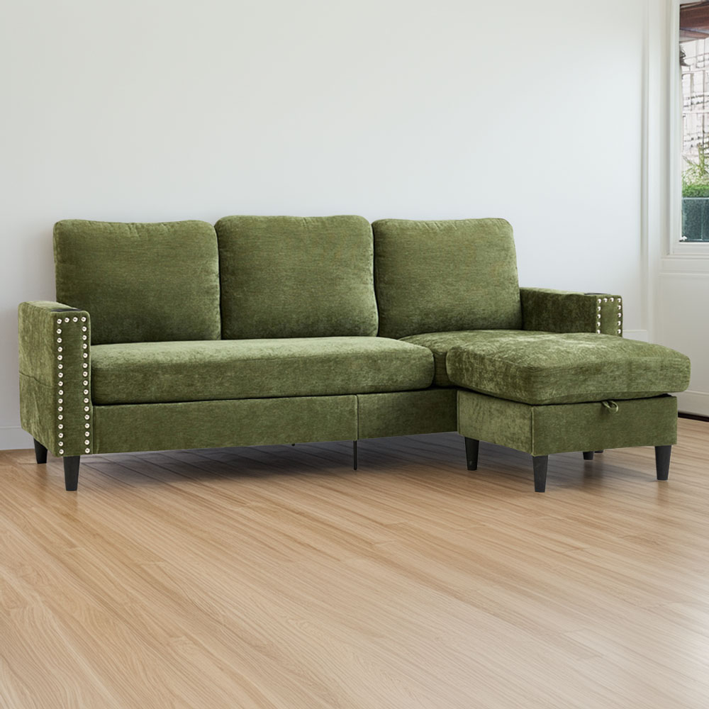 Living and Home 4 Seater Green Chenille Sofa with Footstool and Cup Holders Image 1