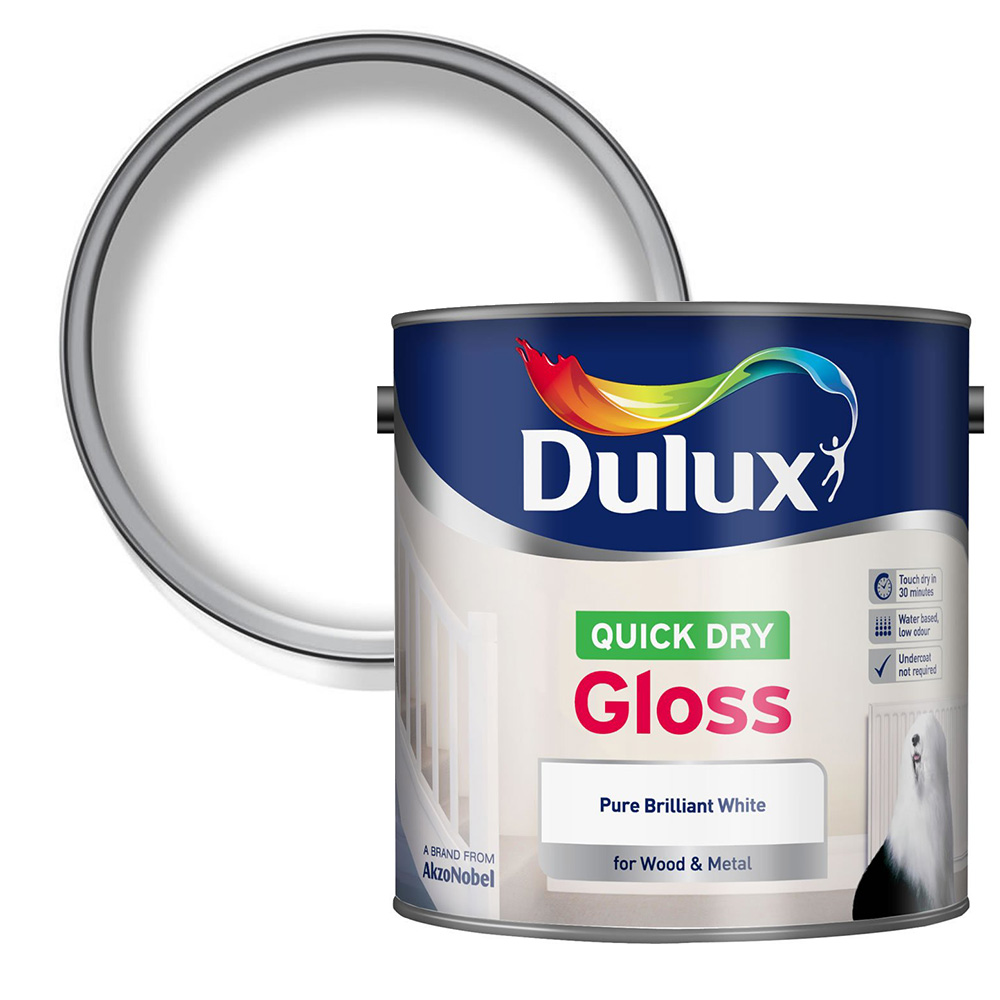 Dulux Quick Dry Wood and Metal Pure Brilliant White Gloss Paint 2.5L Image 1