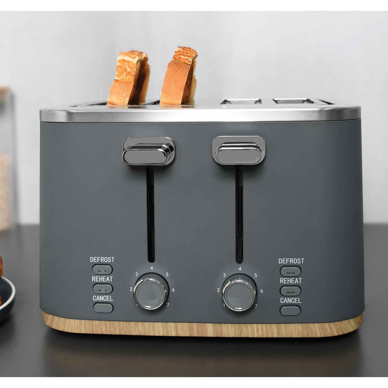 Retreat Metal 4 Slice Toaster with Lite Wood Trim - Dark Grey Image 2