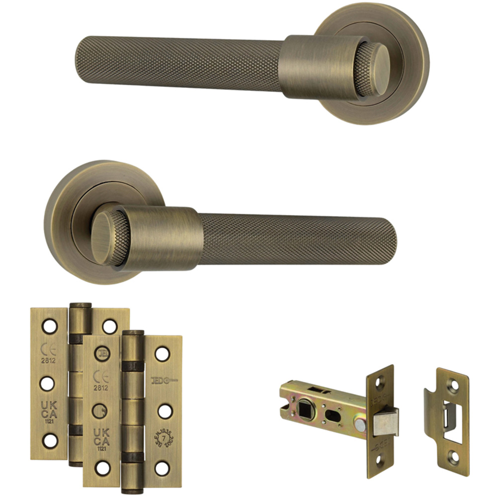 AXS Hardware Dakota Antique Brass Knurled Latch Door Handles on Rose 4 Pack Image 1
