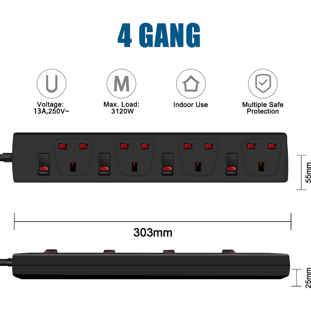 ExtraStar Black 13A 1m 4 Way Individual Switch Child Resistant Socket Image 6