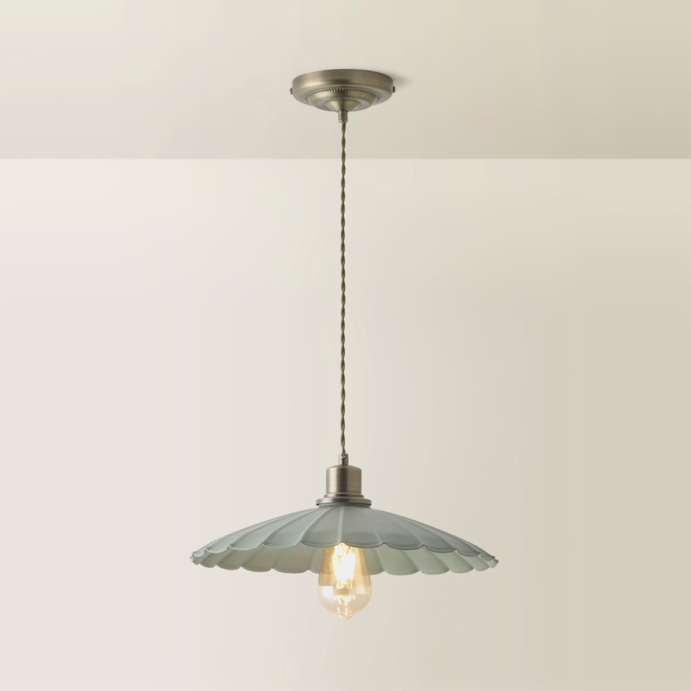 ValueLights Holborn Moss Green Scallop Metal Shade Brushed Gold Pendant Light with Bulb Image 5