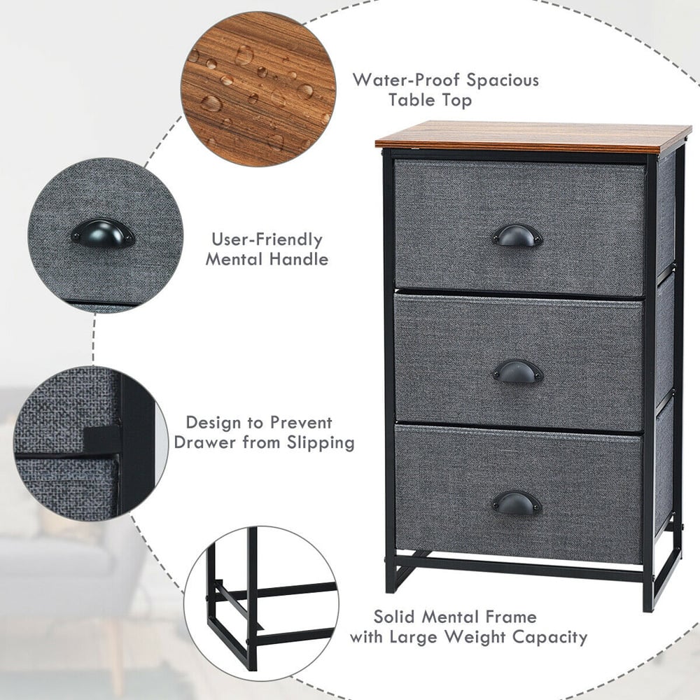Costway Black 3 Drawer Fabric Nightstand Bedside Storage Cabinet Image 8