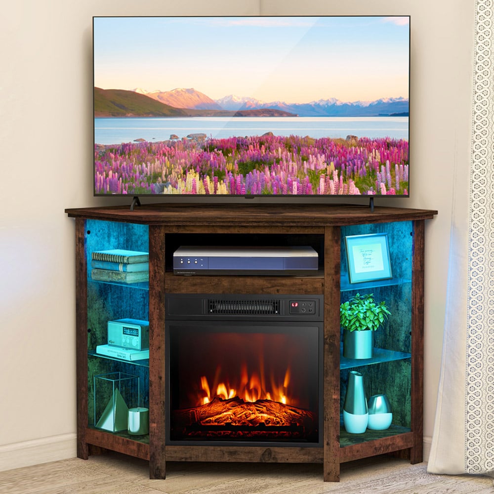 Costway Rustic Brown LED Light Corner TV Stand with Fireplace Insert Image 3