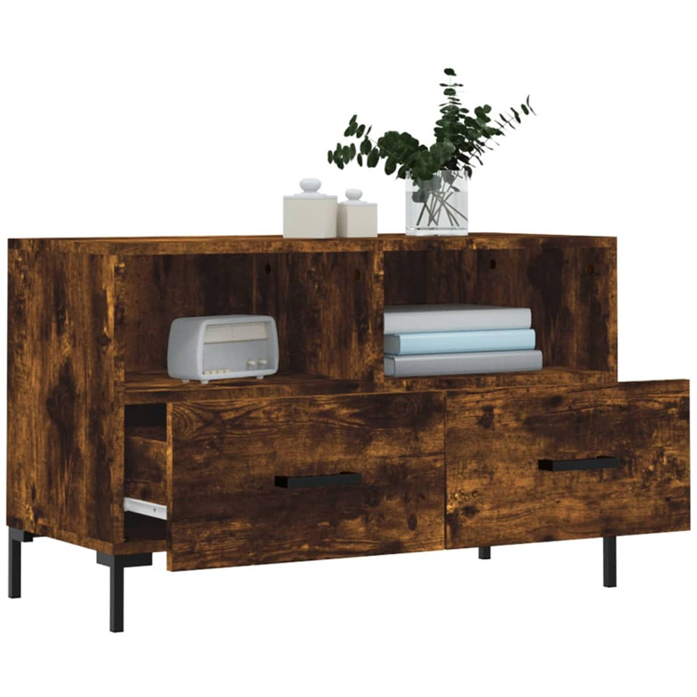 vidaXL 2 Drawer 2 Open Smoked Oak TV Cabinet with Metal Legs Image 4