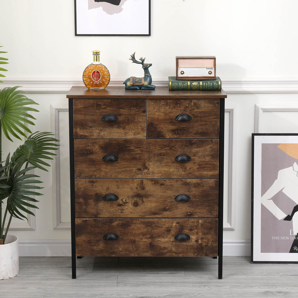 FurnitureHMD 5 Drawer Brown and Black Industrial Wooden Chest of Drawers Image 9