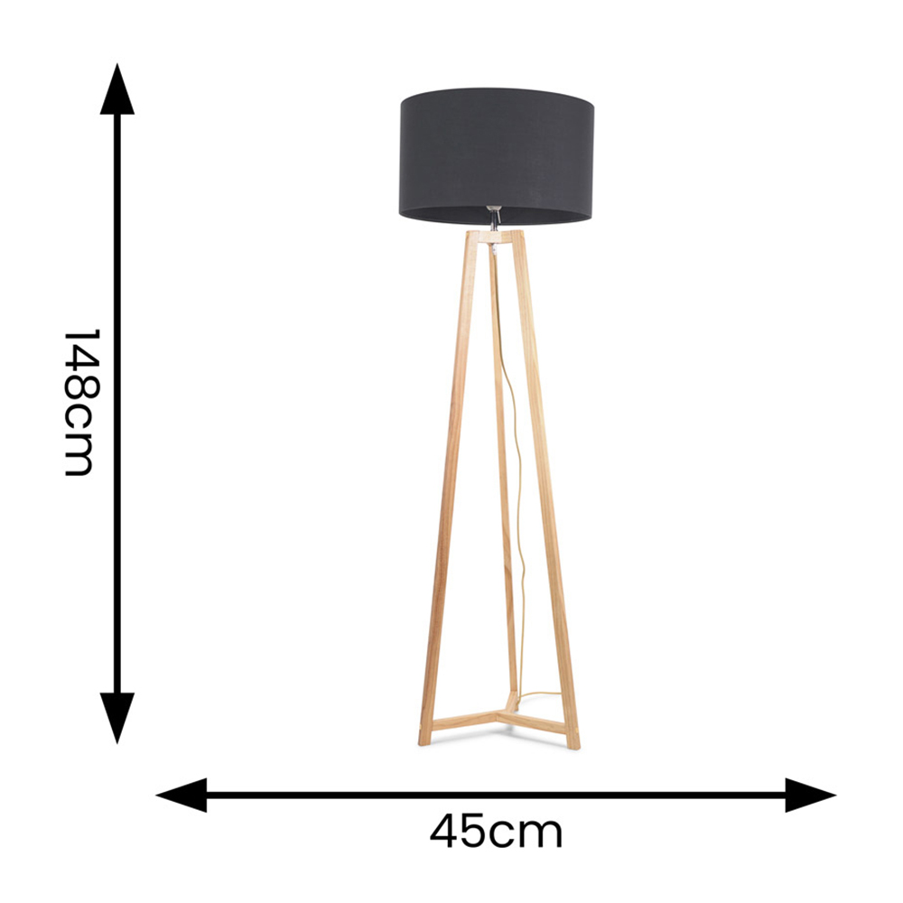 ValueLights Lottie Charcoal Grey Fabric Drum Shade Natural Wood Tripod LED Floor Lamp Image 4