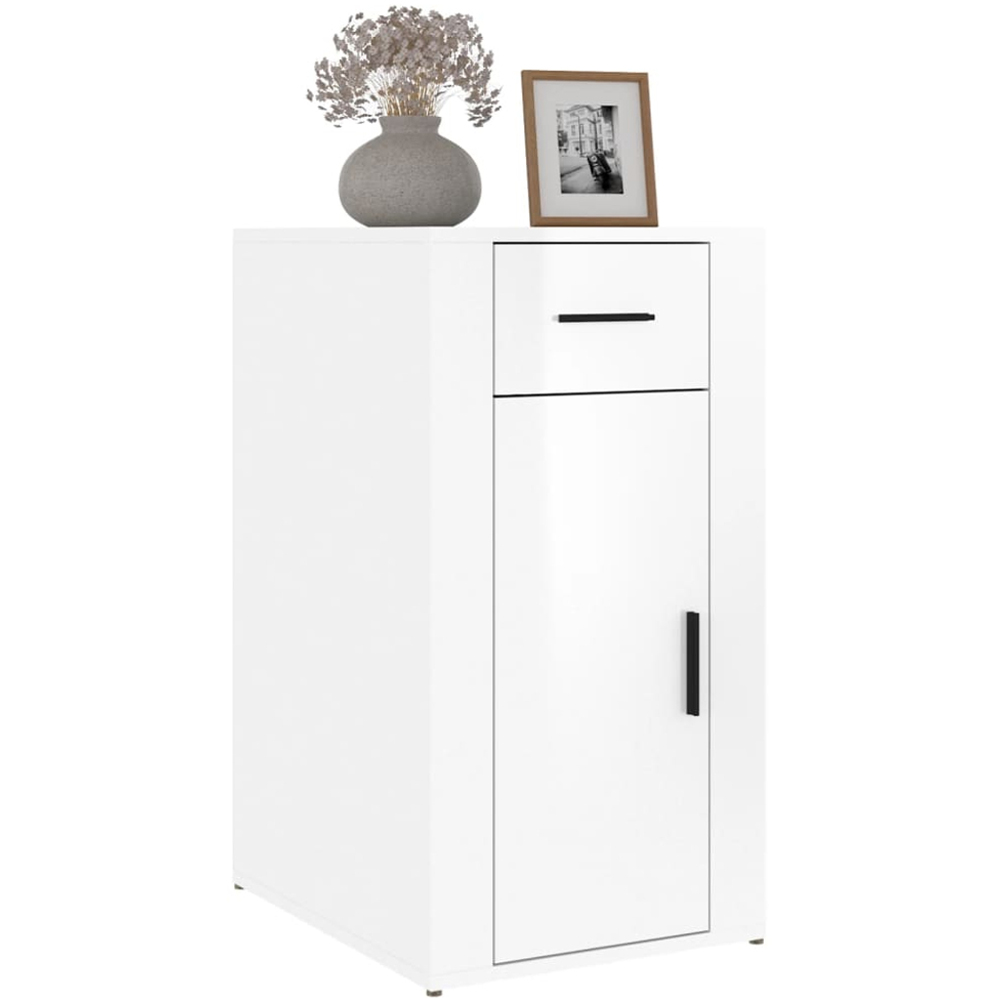 vidaXL Single Door Single Drawer High Gloss White Wooden Desk Cabinet Image 3