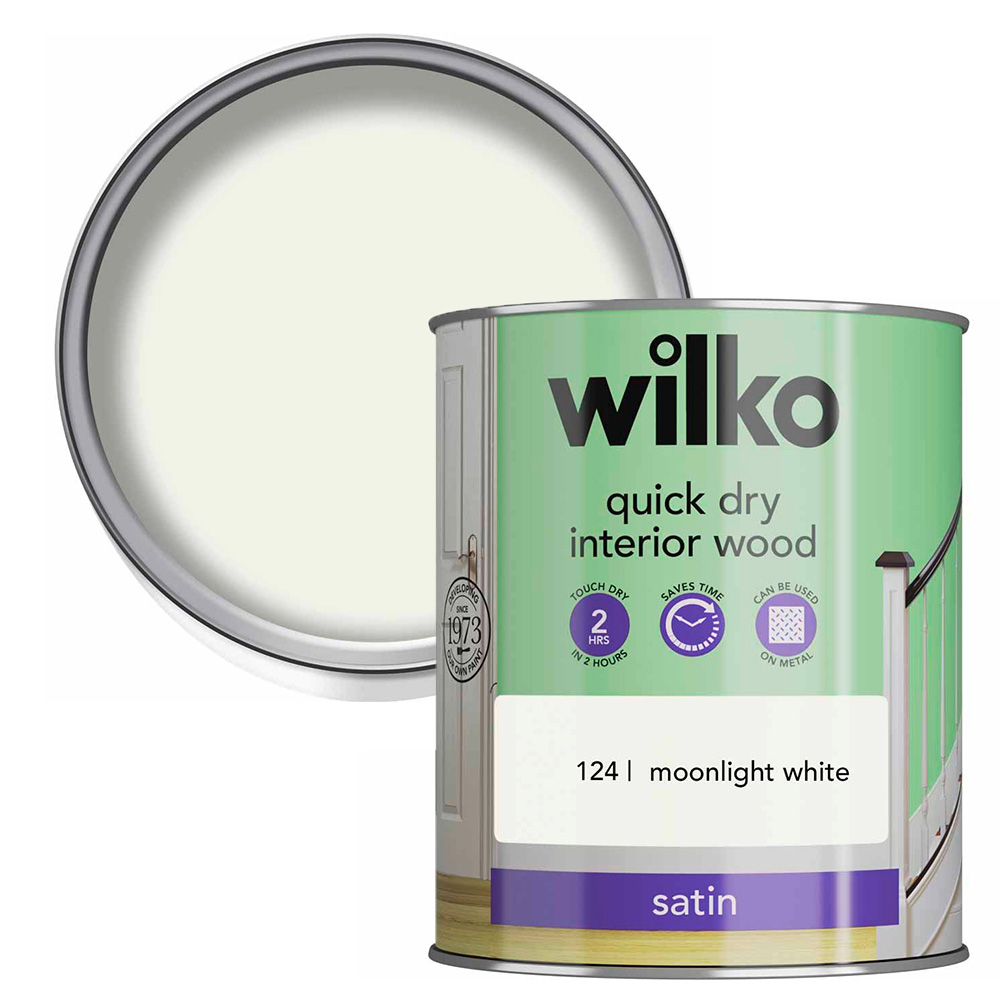 Wilko Quick Dry Interior Wood Moonlight White Satin Paint 750ml Image 1