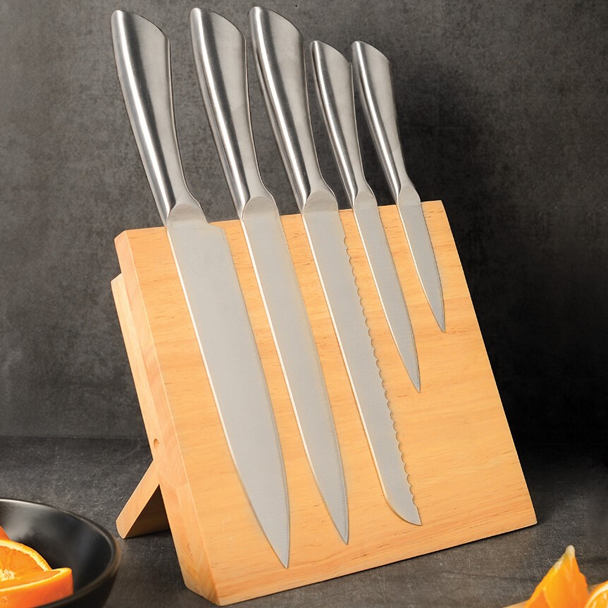 5 Piece Steel Knife Set with Acacia Block Image 1