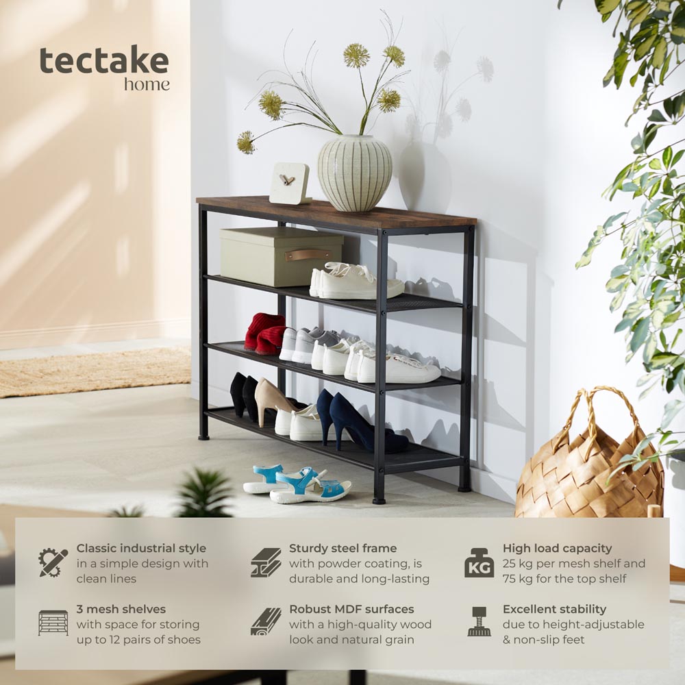 tectake Portsmouth 3 Grid Dark Wood Shelf Shoe Rack Image 2