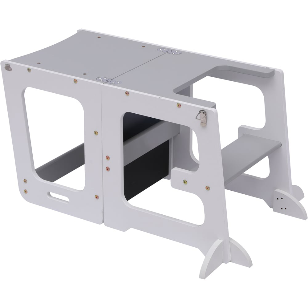 FurnitureHMD 2-in-1 White and Grey Kids Wooden Kitchen Step Stool with Blackboard and Safety Rail Image 4