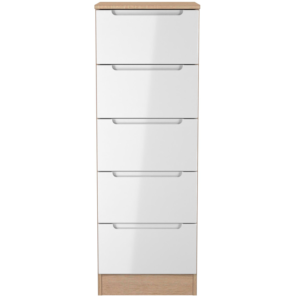 Crowndale Milan 5 Drawer White Gloss and Bardolino Oak Tall Bedside Cabinet Ready Assembled Image 3