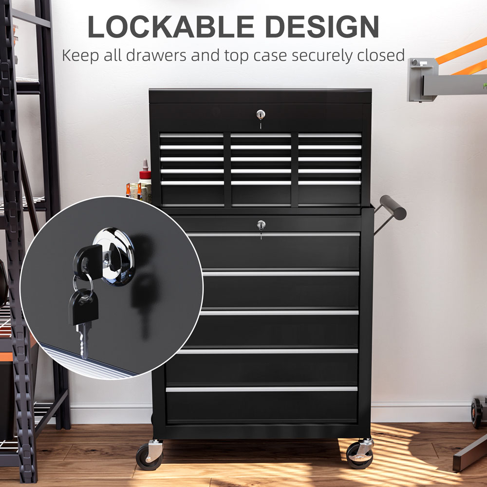 HOMCOM 14 Drawer Black Lockable Roller Cabinet Image 7