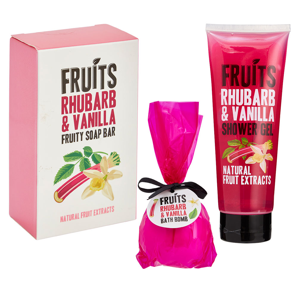 Wilko 3 Piece Fruits Rhubarb and Vanilla Bath Essential Bundle Image 1