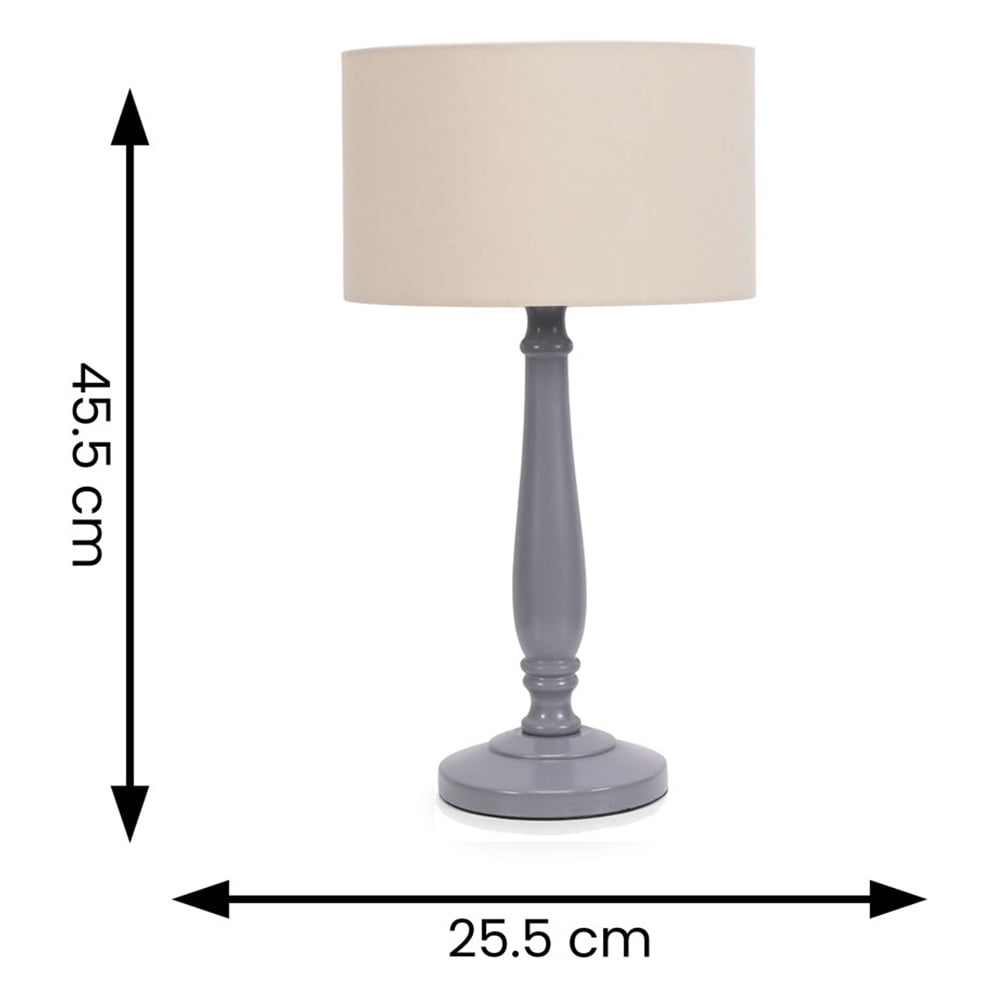 ValueLights Victoria Natural Fabric Drum Shade Grey Wood Traditional Stem LED Table Lamp Image 6