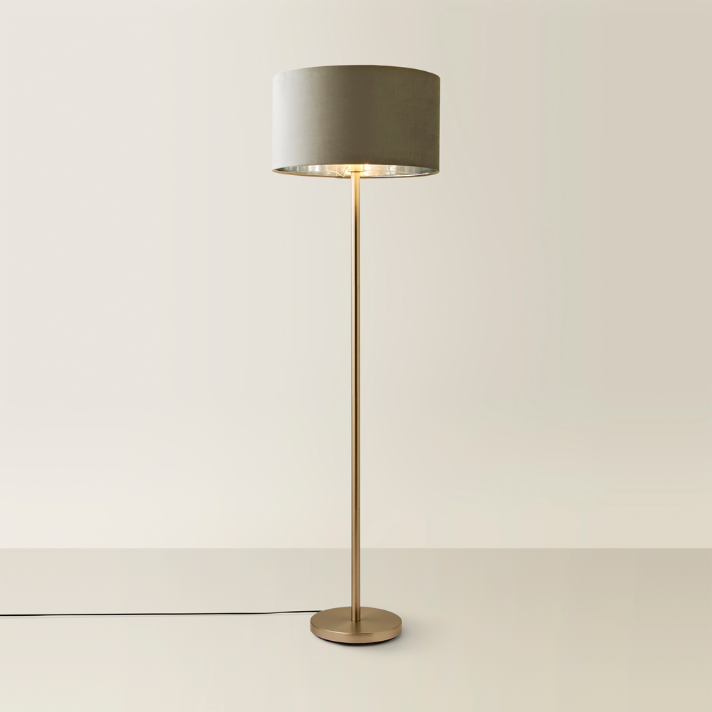ValueLights Charlie Grey Velvet and Metallic Shade Chrome Floor Lamp and Bulb Image 5
