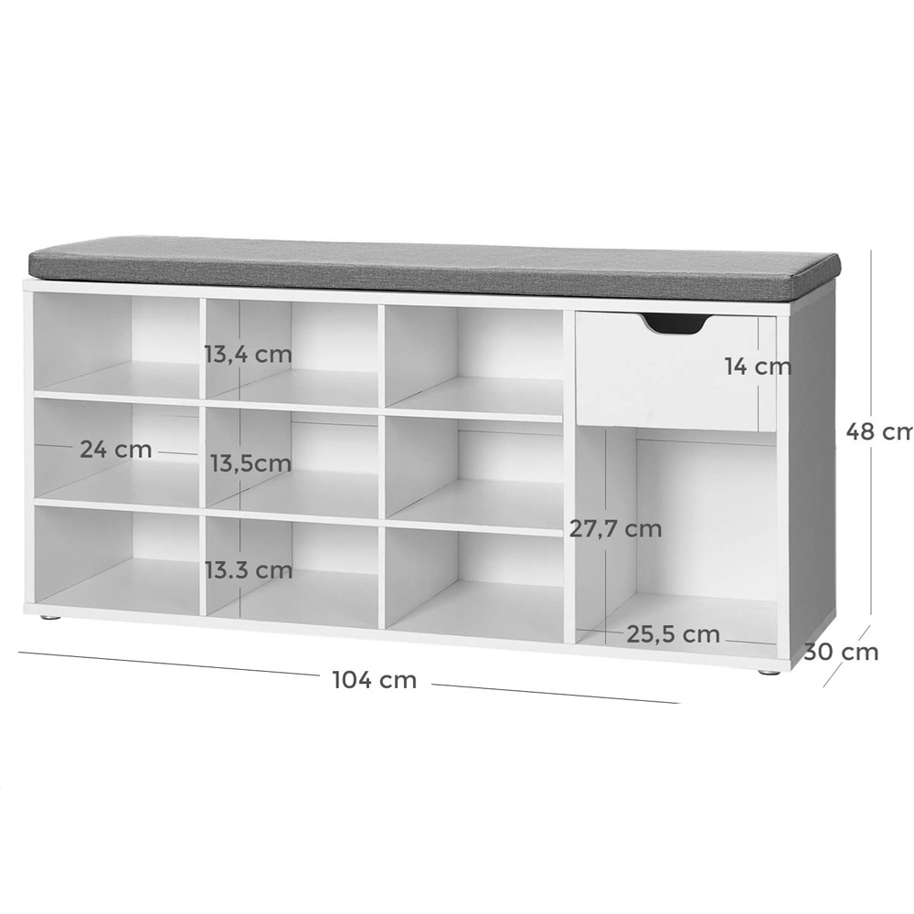 Modcraft Single Drawer 10 Shelf White and Grey Shoe Storage Bench with Cushion Image 8