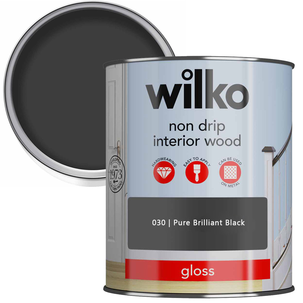 Wilko Non Drip Interior Wood Pure Brilliant Black Gloss Paint 750ml Image 1